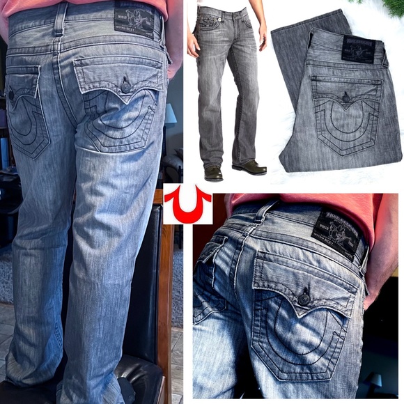🚫SOLD!👖NWOT |•TRUE RELIGION•| Grey 'Ricky' Straight Leg Flap Pocket Jeans 34 - Picture 3 of 16